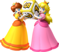 Peach and Daisy posing with a Dice Block
