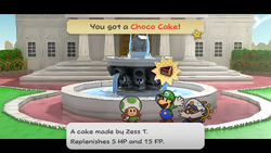 Mario getting a Choco Cake from Toadia in Poshley Heights of Paper Mario: The Thousand-Year Door for Nintendo Switch.