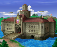 A view of Princess Peach's Castle from Super Smash Bros. Melee.