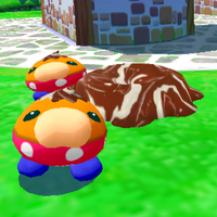 Two Strollin' Stus next to a Stu generator in Super Mario Sunshine