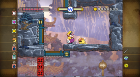 Wario near the golden enemy of Bamboozle Village