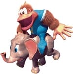 Artwork of Kiddy Kong riding on Ellie the Elephant from Donkey Kong Country 3: Dixie Kong's Double Trouble!