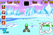 Luigi racing on the course in Mario Kart: Super Circuit.