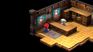 Shopkeeper Toad giving Mario a Pick Me Up in the Mushroom Kingdom of Super Mario RPG.