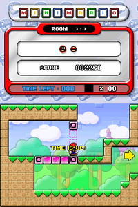 A screenshot of Room 1-1, showing the "Time Is Up!" message displayed when time runs out in Mario vs. Donkey Kong 2: March of the Minis, which is followed immediately by a Game Over.