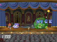 Flurrie blowing away Sir Grodus's Grodus Xs in the battle in the Palace of Shadow