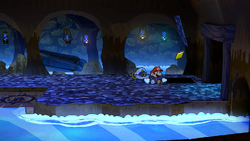 Mario getting the Star Piece under a hidden panel in the waterfall room of the Pirate's Grotto in the remake of the Paper Mario: The Thousand-Year Door for the Nintendo Switch.