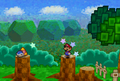 Mario kicking Kooper at an HP Plus badge on a stump in the woods