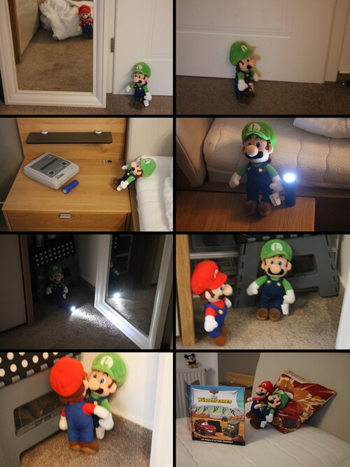 Eight photographs are shown in comic format, arranged left to right, top to bottom. The first shows a plush Luigi stumbling upon a plush Mario reflected in a framed mirror and thus appearing to be in a frame. The second shows the Luigi plush traveling down a hallway, with a slight motion blur indicating it is moving quickly. The third shows Luigi getting a flaslight, here representing the Dark-Light Device, left on a desk besides a SNES. The fourth shows Luigi going down a dark hallway with his flashlight to guide him. In the fifth, Luigi finds the same framed mirror from panel one in the dark (but without Mario reflected in it), and shines the Dark-Light on it. In the sixth, now in light, Mario appears from around the corner, surprising Luigi. The seventh panel shows Mario embracing Luigi in a hug. In the eighth panel, Mario and Luigi sit on a bed together and read a book themed on Pixar's Cars, now at peace with their misadventure over.