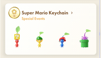 The four Super Mario Keychain Decor Pikmin in Pikmin Bloom, in the in-game collection menu.