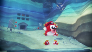 Mario as a Cheep Cheep in an unknown water kingdom, potentially the Seaside Kingdom or Lake Kingdom.