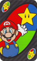 The Invincible Mario card from the UNO Super Mario deck (featuring Mario and Super Star)