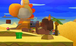 Mario near a tree containing a Coin and a Hammer Sticker in Yoshi Sphinx of Paper Mario: Sticker Star.