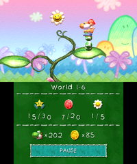 Smiley Flower 2: Floats out of Orange Yoshi's reach above the area where a Crazee Dayzee is encountered. He must hit the second Winged Cloud in this area and release a seed, which grows into a beanstalk that helps Orange Yoshi reach the Smiley Flower.