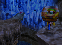 A set of purple Banana Coins and a setup for a Golden Banana for Tiny Kong in Crystal Caves.