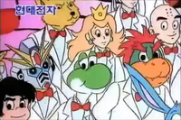 Fox, Peach, Chun-Li, Krillin, SD Gundam, Yoshi, Bowser, Congo, and Buster Bunny singing in a Super Comboy ad