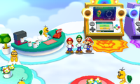 The trio drinking Lakitea in Mario & Luigi: Paper Jam.