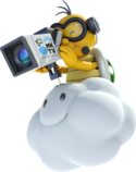 Lakitu as he appears in Mario Kart: Double Dash!! as the referee, and in Mario Kart 8 filming for Mario Kart TV.