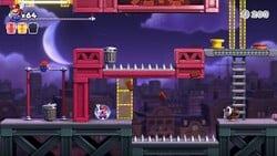 Screenshot of Twilight City level 8-2 from the Nintendo Switch version of Mario vs. Donkey Kong