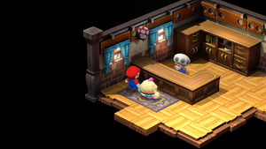 Shopkeeper Toad giving Mario Cricket Pie in exchange for Special Frog Coin in the Mushroom Kingdom of Super Mario RPG.