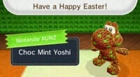 Screenshot of Poochy & Yoshi's Woolly World showcasing a "Choc Mint" pattern for Yoshi created by "Nintendo AUNZ" with the comment "Have a Happy Easter!" This image was posted by Nintendo Australia and New Zealand on social media websites alongside the following text:How many chocolate Yoshi patterns will you design this Easter in Poochy & Yoshi’s Woolly World on Nintendo 3DS?