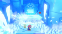 An icy bridge is destroyed by falling icicles in the Ice Vellumental Mountain of Paper Mario: The Origami King.