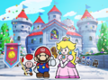 Mario, Princess Peach, and Toads standing outside Peach's Castle (if the game has been beaten without using battle accessories)