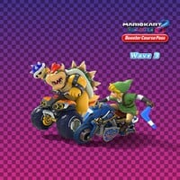 Thumbnail of an announcement regarding the release of Wave 3 in the Mario Kart 8 Deluxe – Booster Course Pass paid DLC. Pictured are Bowser and Link.
