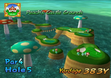 Hole 5 of Peach's Castle Grounds from Mario Golf: Toadstool Tour