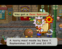 Mario getting a Zess Special from Lucky in Rogueport of Paper Mario: The Thousand-Year Door.
