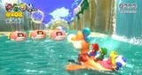 Mario, Luigi, Princess Peach, and Toad riding Plessie in Plessie's Plunging Falls