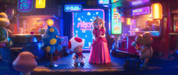 Peach and Toad after entering the bar in the futuristic city in The Super Mario Galaxy Movie