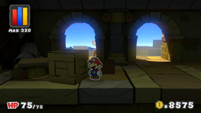 Mario near a crate containing Worn-Out Hammer x5 Battle Card in The Golden Coliseum of Paper Mario: Color Splash.