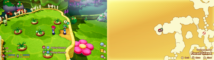 Mario and Luigi near 6 Plug Radishes containing 30 Coins on Florall Island of Mario & Luigi: Brothership.
