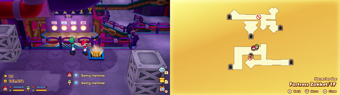 Mario and Luigi near a vent containing 40 Five Coin in Fortess Zokket of Mario & Luigi: Brothership.