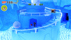 Mario standing near a Healing Heart on Ice Vellumental Mountain of The Origami King.