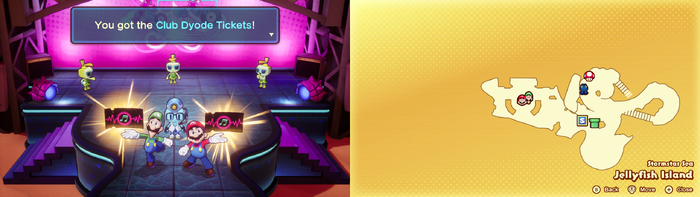 Mario and Luigi being given 2 Club Dyode Tickets by Emmit on Jellyfish Island of Mario & Luigi: Brothership.