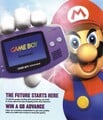 Mario holding a Game Boy Advance in a print ad from the UK Official Nintendo Magazine.