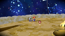 Mario after destroying the rock containing a Stopwatch on the Moon of Paper Mario: The Thousand-Year Door for Nintendo Switch.