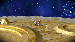 Mario after destroying the rock containing a Ultra Mushroom on the Moon of Paper Mario: The Thousand-Year Door for Nintendo Switch.