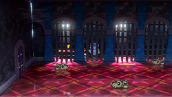 Mario getting the Star Piece under a hidden panel behind the first cell in the second room of Hooktail Castle in the remake of the Paper Mario: The Thousand-Year Door for the Nintendo Switch.