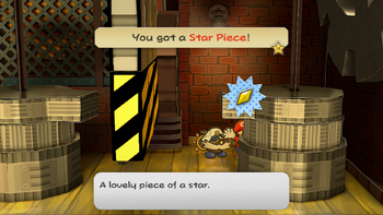 Mario getting the Star Piece in the gear/rear room of Riverside Station in the remake of the Paper Mario: The Thousand-Year Door for the Nintendo Switch.