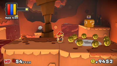 Mario near 8 Coins in Redpepper Crater of Paper Mario: Color Splash.