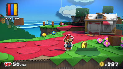 Mario near the collapsed bush in Ruddy Road of Paper Mario: Color Splash.