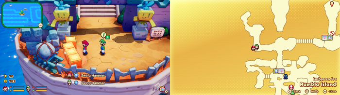 Mario and Luigi near wooden crates containing a Mushroom on Rumbla Island of Mario & Luigi: Brothership.
