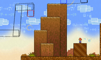 A set of platforms forming after Mario activates a blue ! Switch while climbing Mount Lineland in Super Paper Mario.