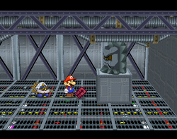 Mario near the Elevator Key in X-Naut Fortress of Paper Mario: The Thousand-Year Door.