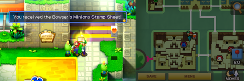 Mario getting the Bowser's Minions Stamp Shee from a young beanish dude found between Starbeans Cafe and stairs in the town part of Beanbean Castle of Mario & Luigi: Superstar Saga + Bowser's Minions.