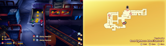 Mario and Luigi near 10 Coins on Great Lighthouse Island of Brrrning Sea of Mario & Luigi: Brothership.