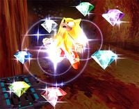 Chaos Emeralds surrounding Sonic the Hedgehog before he performs his Final Smash in Super Smash Bros. Brawl